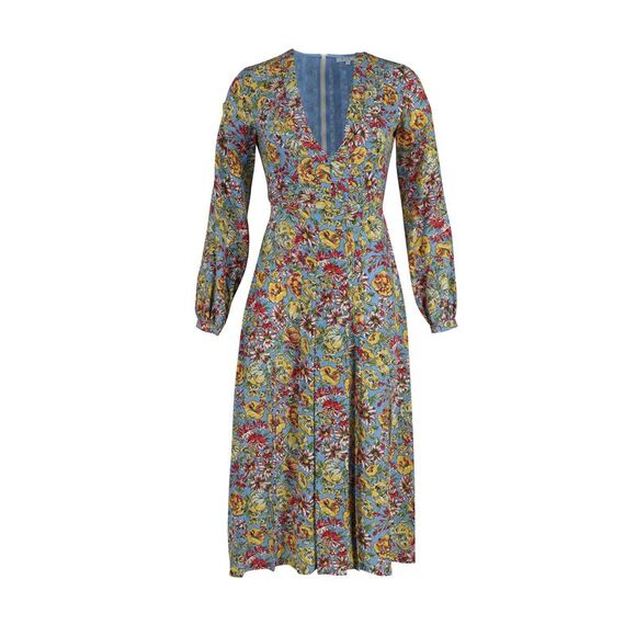 Rixo V-Neck Long Sleeve Midi Dress in Floral Print Silk